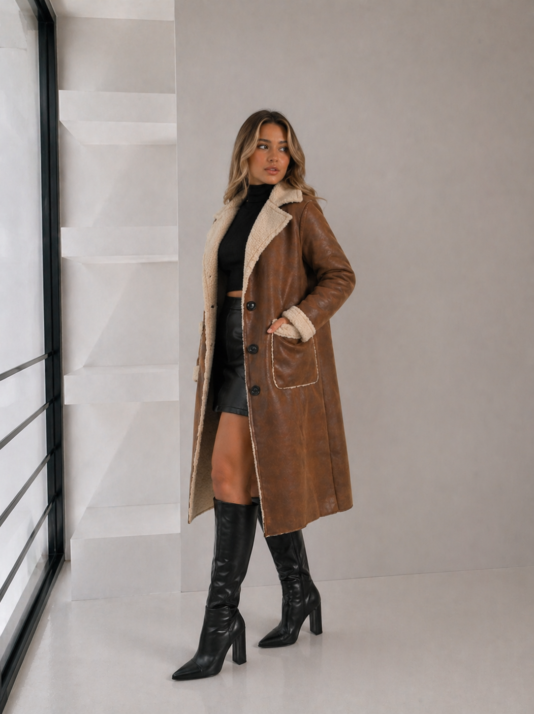 🧥 Tapado Rosalia de Suet Gamulán Chocolate con Borreguito Beige ✨